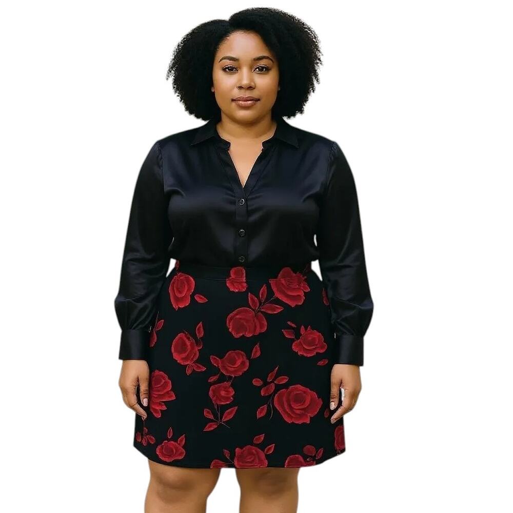 TALBOTS Woman Black Velour Velvet Red Rose Floral Lined Midi Pencl Skirt 24W